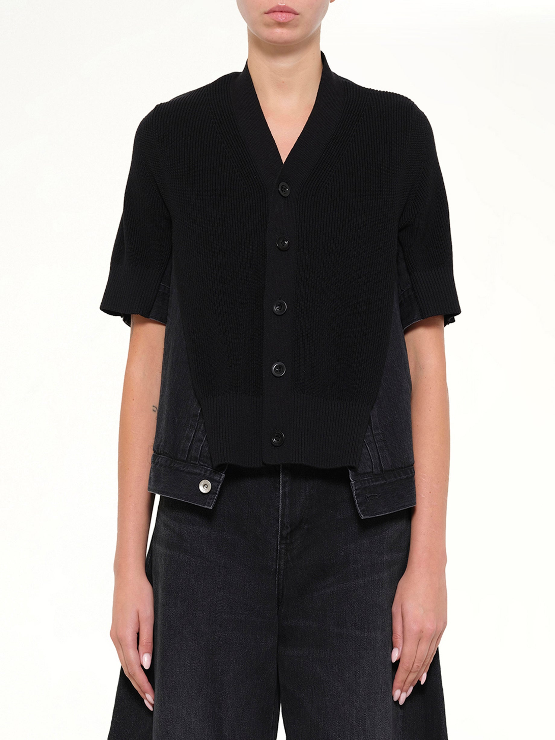 Image of Cardigans. Product name - Denim x Knit SS Cardigan in Black colour by brand - SACAI