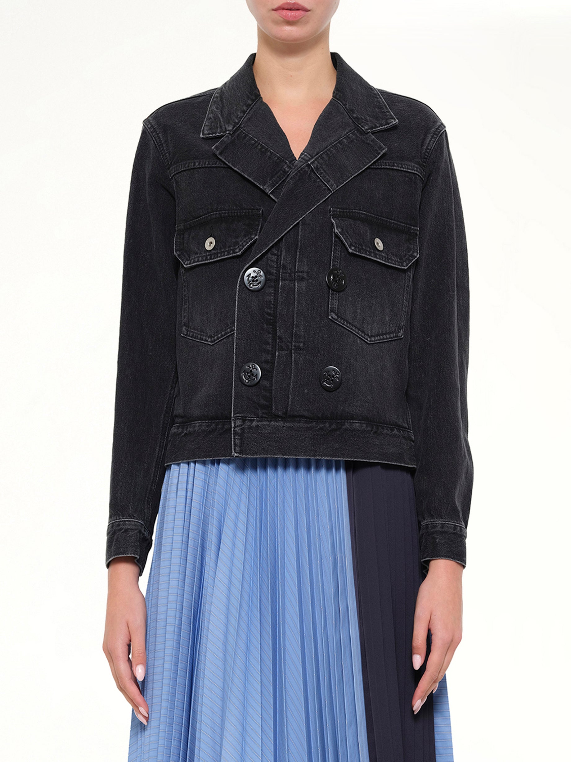 Image of Coats & Jackets. Product name - Double Breasted Denim Jacket in Black colour by brand - SACAI