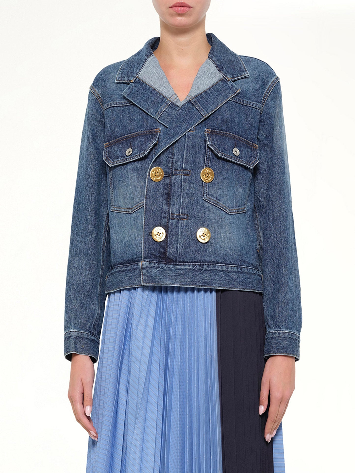 Image of Coats & Jackets. Product name - Double Breasted Denim Jacket in Blue colour by brand - SACAI