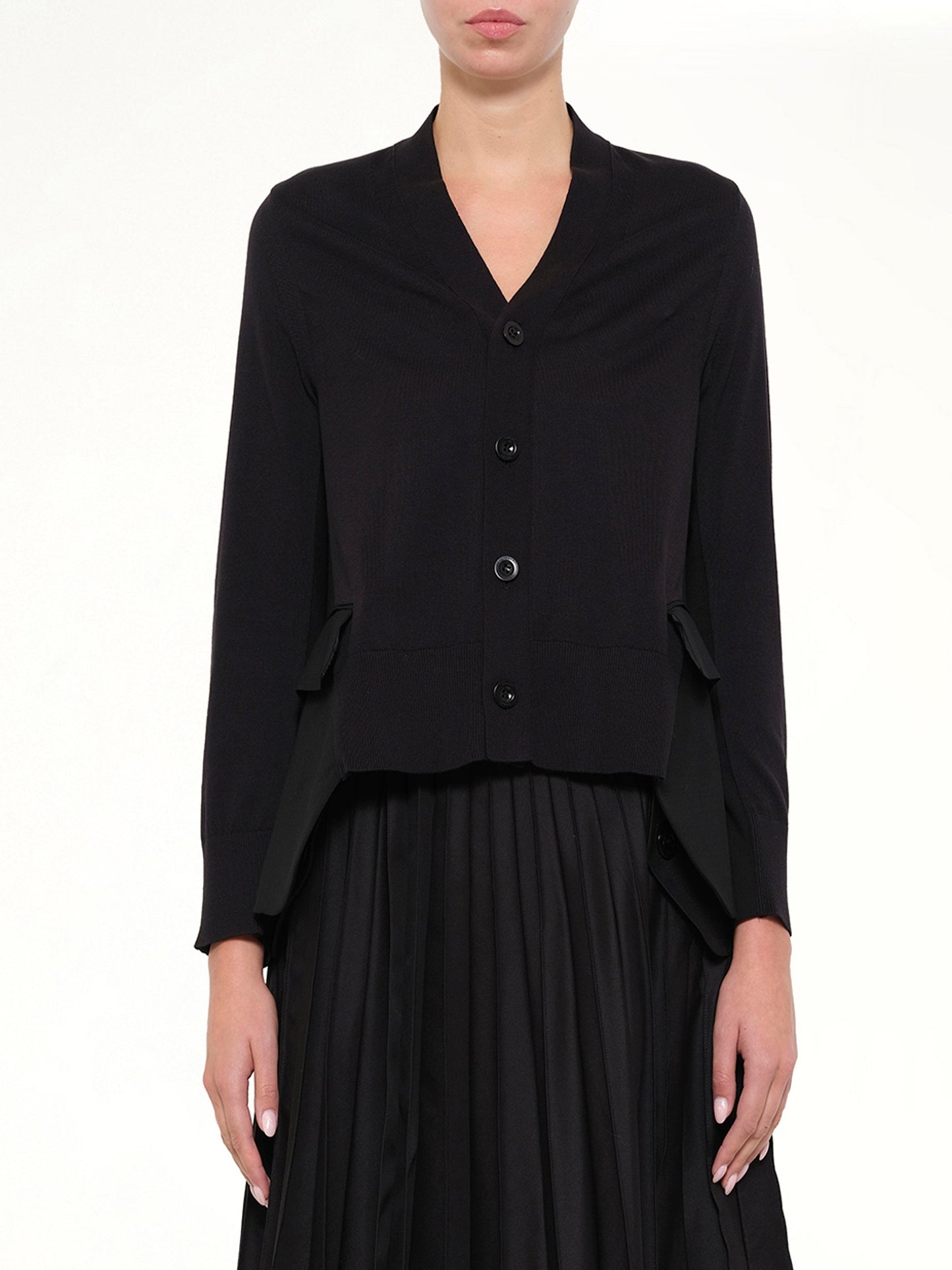Image of Cardigans. Product name - Wool Suiting x Cotton Knit Cardigan in Black colour by brand - SACAI