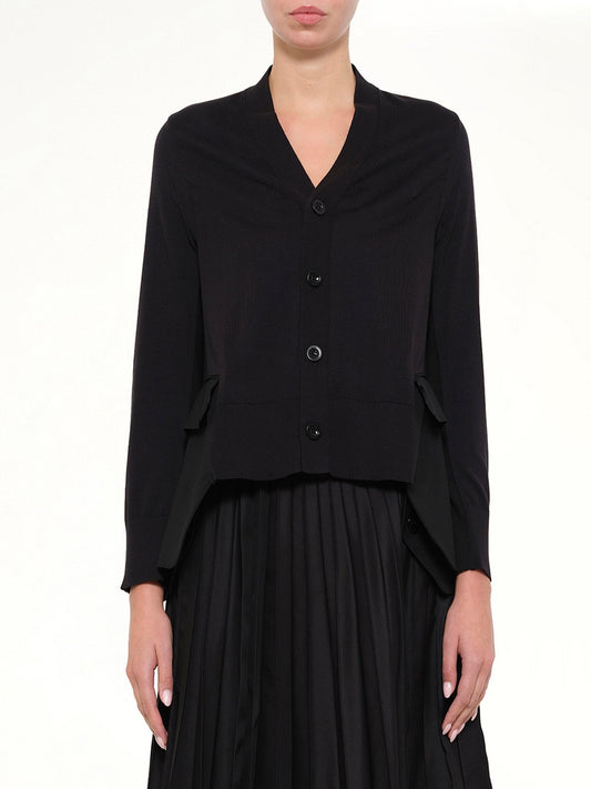 Image of Cardigans. Product name - Wool Suiting x Cotton Knit Cardigan in Black colour by brand - SACAI