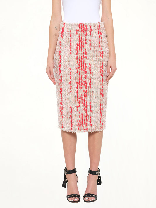 Image of a model wearing Skirts. Product name - Alexander McQueen Petal Tweed Skirt in Mix colour by brand - ALEXANDER MCQUEEN