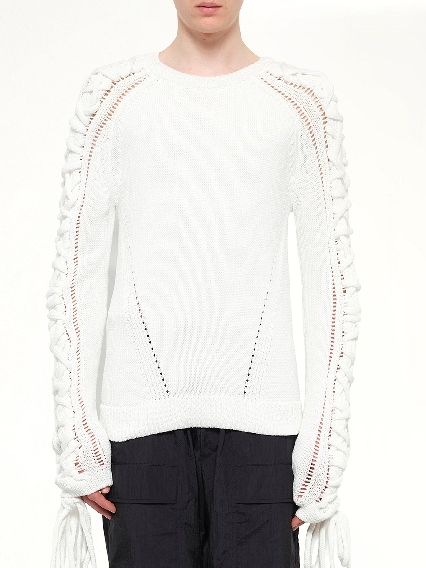 Image of a model wearing Outerwear. Product name - Sweatshirt in White colour by brand - JUUNJ