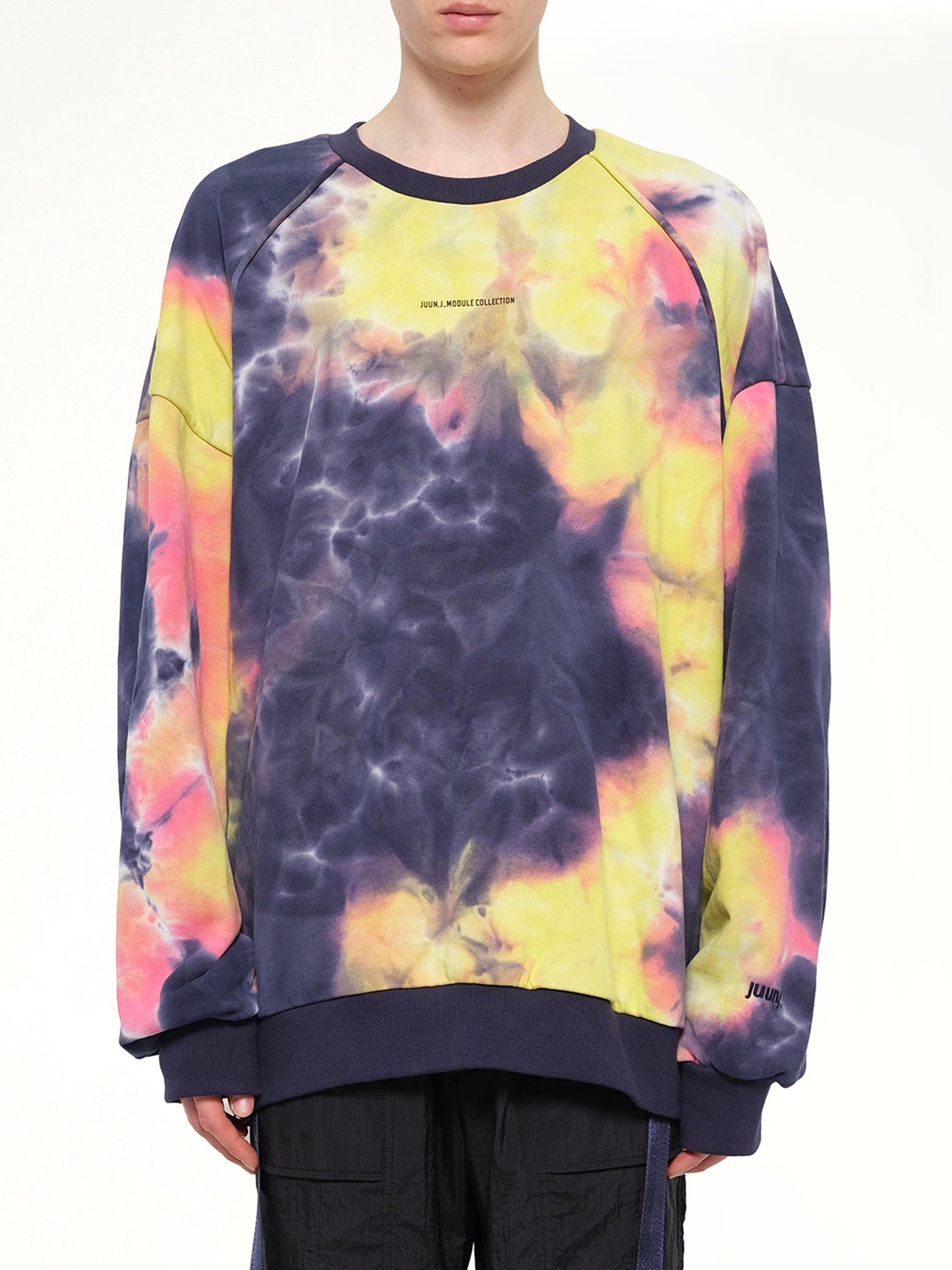 Image of a model wearing Outerwear. Product name - Tie Dye Sweatshirt in Violet colour by brand - JUUNJ