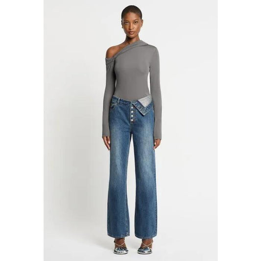 Image of a model wearing Tops. Productname: Hypatia Top in DARK CHARCOAL colour by brand - sass and bide