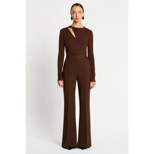 Image of a model wearing Pants. Productname: Maxwell Pant in Chocolate colour by brand - sass and bide