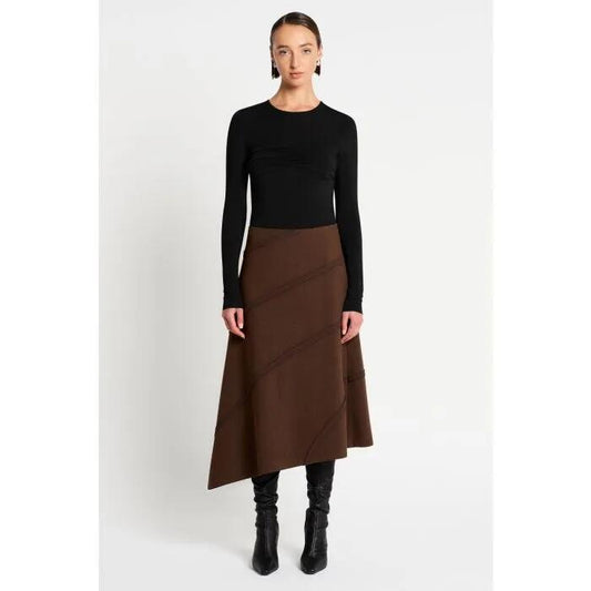 Image of a model wearing Skirts. Productname: Maxwell Skirt in Chocolate colour by brand - sass and bide