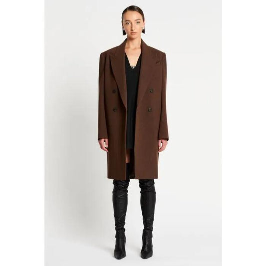 Image of a model wearing Outerwear. Productname: Maxwell Coat in Chocolate colour by brand - sass and bide