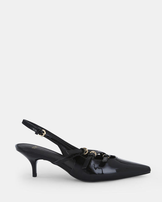 Image of Shoes. Product name - Imilia Women's Court Low Heel Black Patent Novo Court in Black Patent colour by brand - NOVO