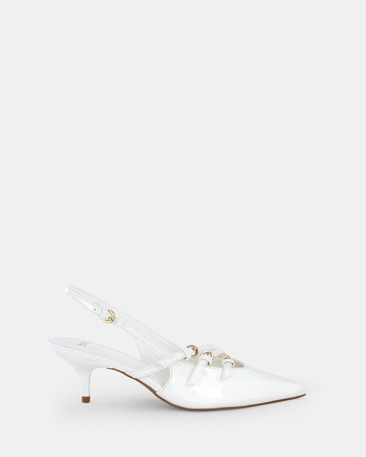 Image of Shoes. Product name - Imilia Women's Court Low Heel White Patent Novo Court in White Patent colour by brand - NOVO