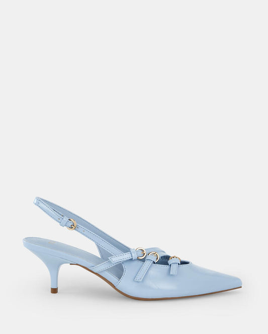 Image of Shoes. Product name - Imilia Women's Court Low Heel SKY BLUE PATENT Novo Court in Sky Blue Patent colour by brand - NOVO