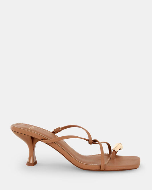 Image of Sandals. Product name - Urvi Women's Strappy Low Heel CAMEL Novo Sandals in Camel colour by brand - NOVO