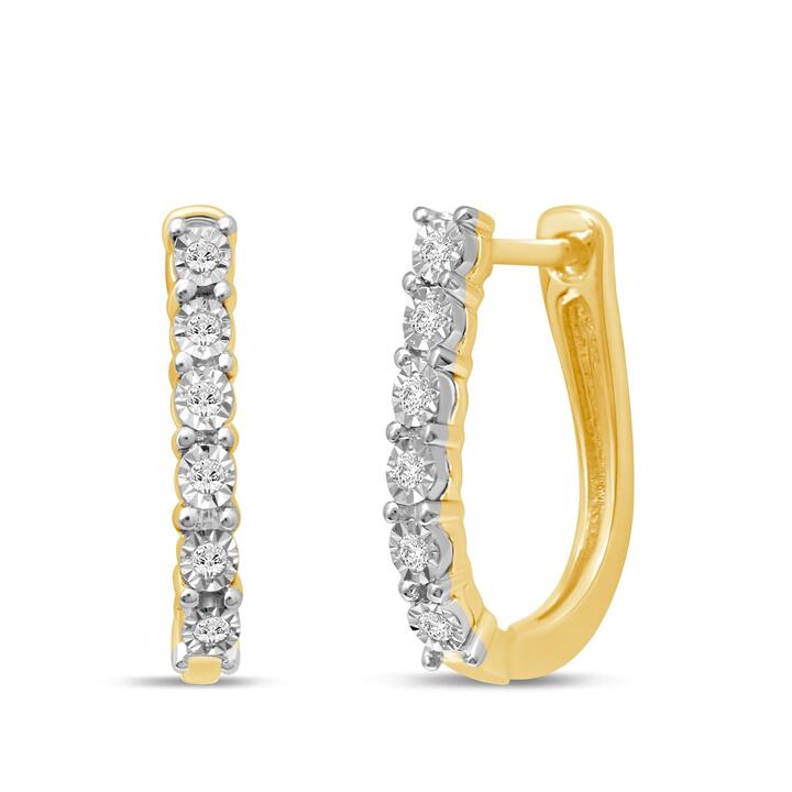 Image of Earrings. Product name - Miracle Surround Hoop Earrings with 0.08tw of Diamonds in 9kt Yellow Gold in colour by brand - Bevilles