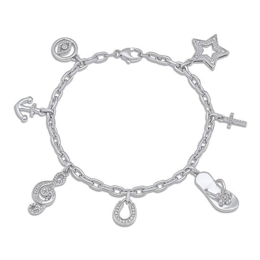 Image of Bracelets. Productname: Seven Charm Bracelet with 1/3ct of Diamonds in Sterling Silver in Diamond colour by brand - Bevilles
