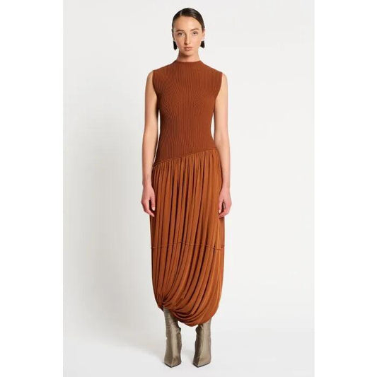 Image of a model wearing Dress. Productname: Apocalypse Knit Dress in Rust colour by brand - sass and bide