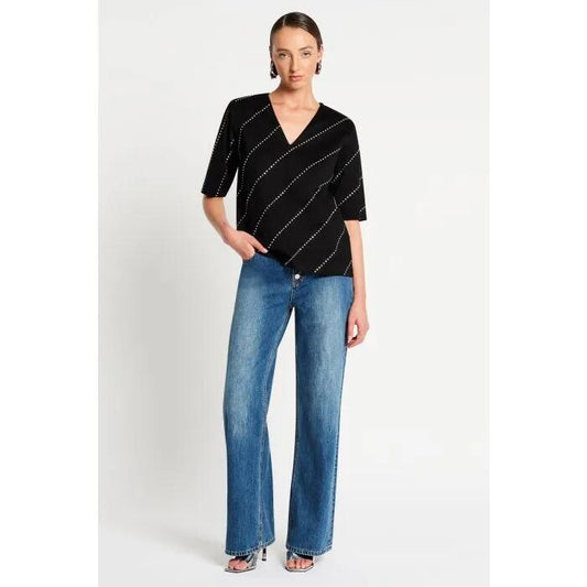 Image of a model wearing Tops. Productname: Rivalry Tee in BLACK EMBELLISHED colour by brand - sass and bide