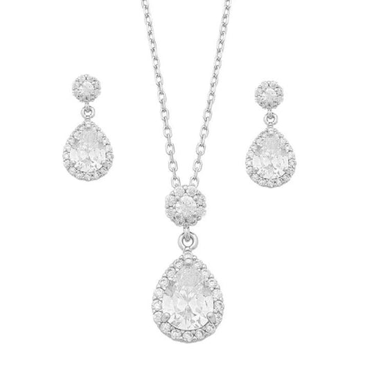 Image of Earrings. Productname: Pear Halo and Round Halo Stud Earring and Necklace Set with Cubic Zirconia in Sterling Silver in Silver colour by brand - Bevilles