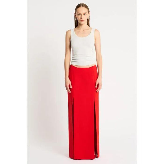 Image of a model wearing Skirts. Productname: Kahlo Skirt in Scarlet colour by brand - sass and bide
