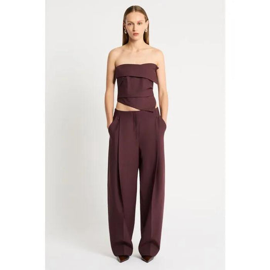 Image of a model wearing Tops. Productname: Hindsight Bodice in MERLOT colour by brand - sass and bide