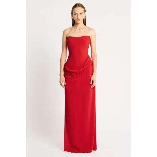 Image of a model wearing Dress. Productname: Kahlo Dress in Scarlet colour by brand - sass and bide