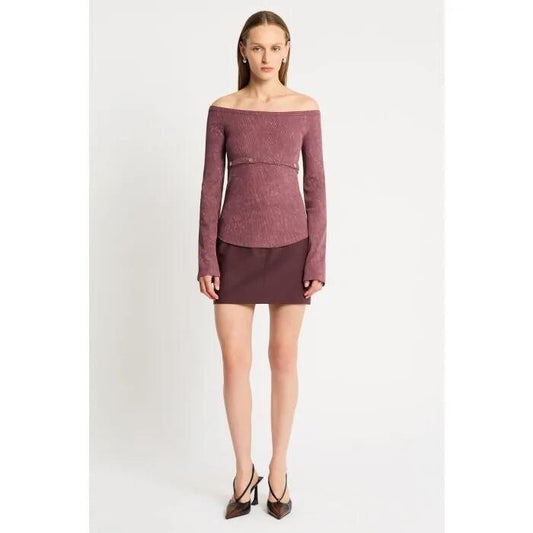 Image of a model wearing Tops. Productname: Studded Longsleeve Blend Tee in MERLOT colour by brand - sass and bide