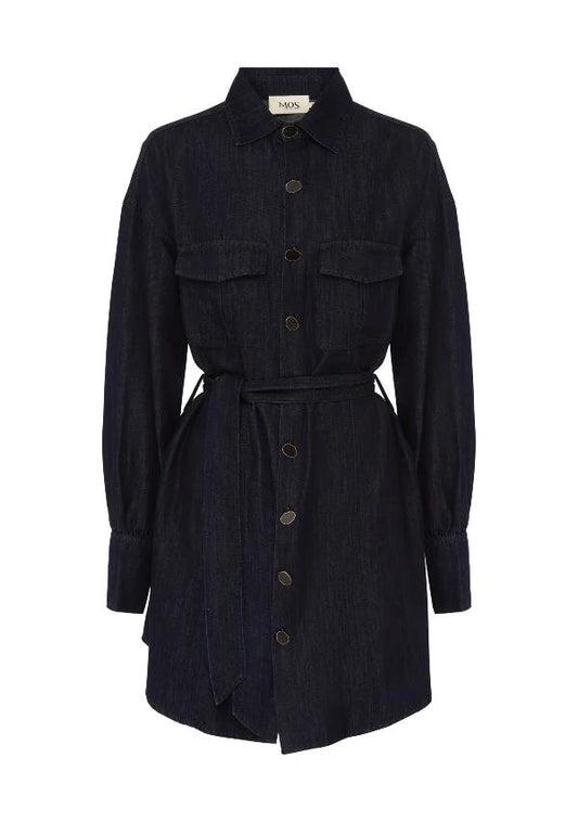 Image of a model wearing Denim. Productname: Ana Denim Shirt Mini Dress in Indigo colour by brand - MOS The Label