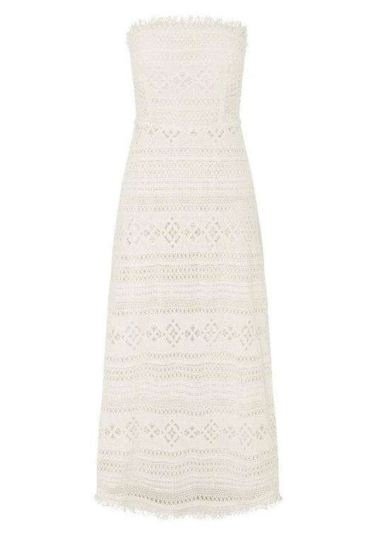 Image of a model wearing Dress. Productname: Daniela Textured Midi Dress in Bright White colour by brand - MOS The Label