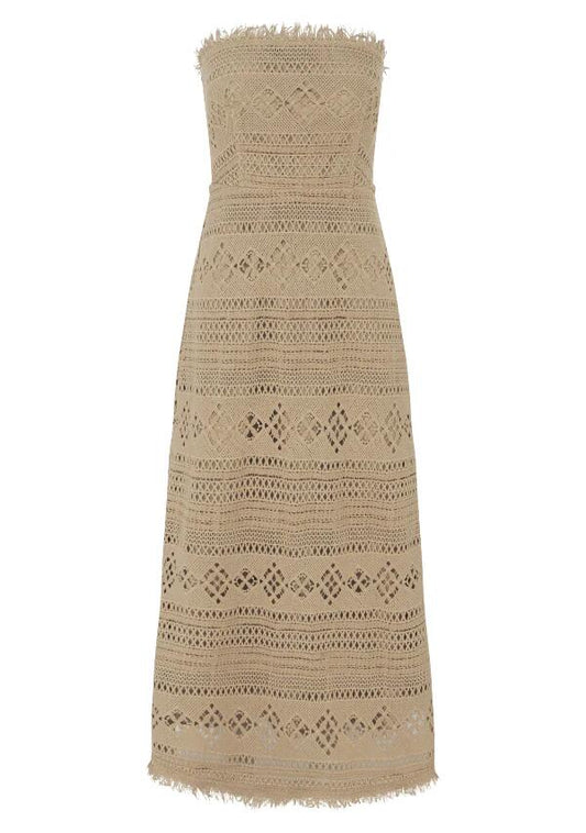 Image of a model wearing Dress. Productname: Daniela Textured Midi Dress in Almond colour by brand - MOS The Label