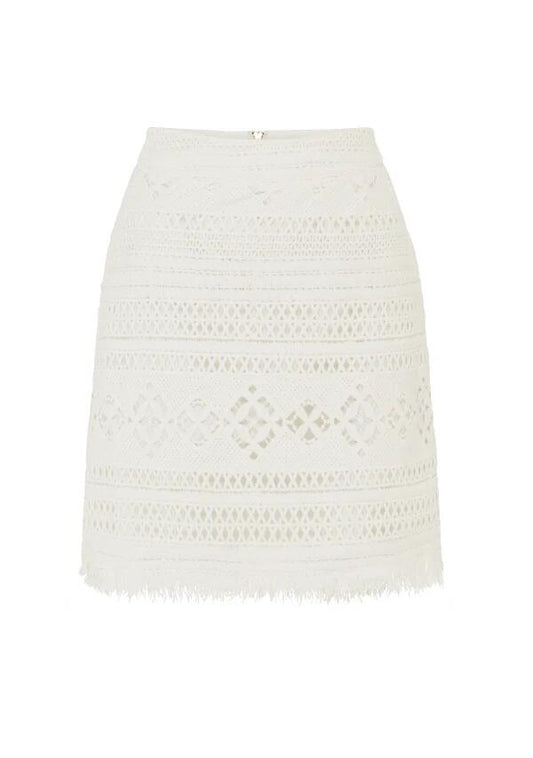 Image of a model wearing Skirts. Productname: Daniela Textured Mini Skirt in Bright White colour by brand - MOS The Label