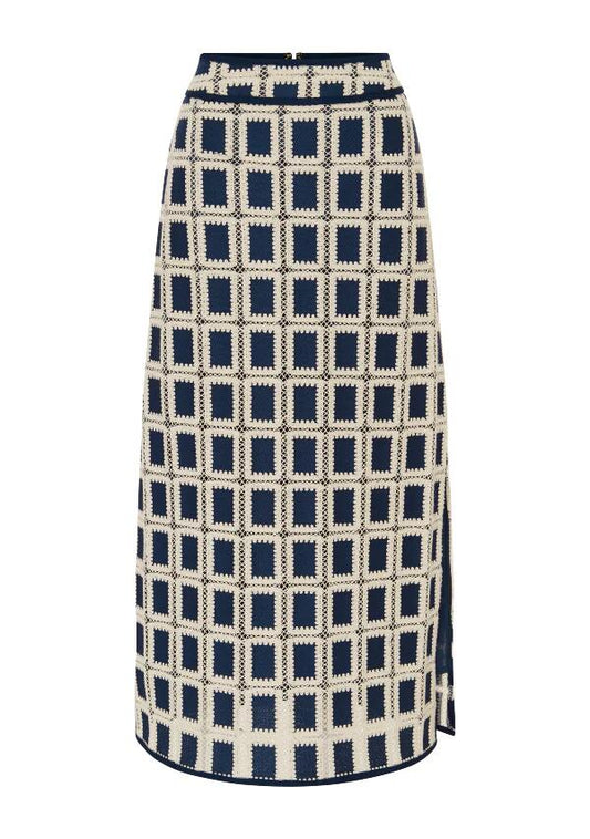 Image of a model wearing Skirts. Productname: Lara Crochet Skirt in Navy colour by brand - MOS The Label