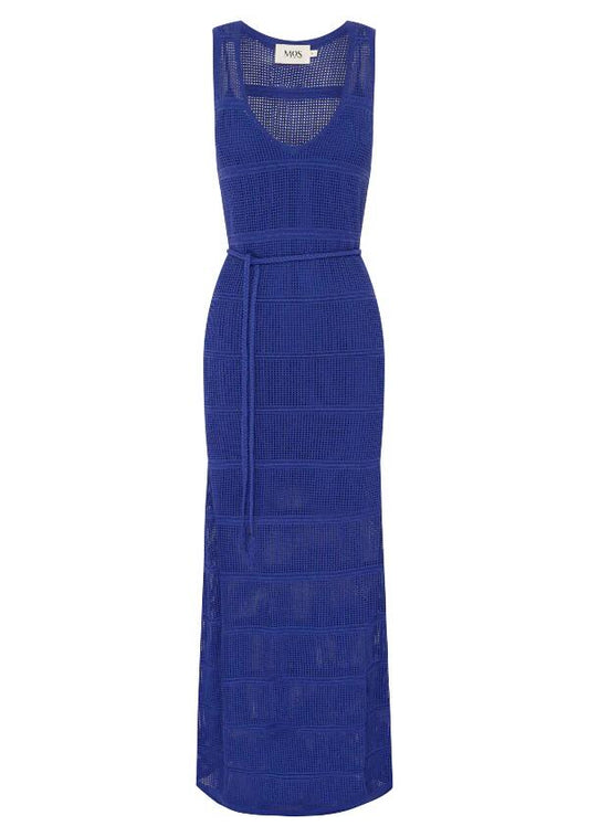 Image of a model wearing Dress. Productname: Carmen Knit Midi Dress in Sodalite Blue colour by brand - MOS The Label