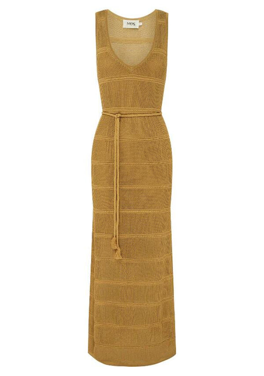 Image of a model wearing Dress. Productname: Carmen Knit Midi Dress in Mustard colour by brand - MOS The Label