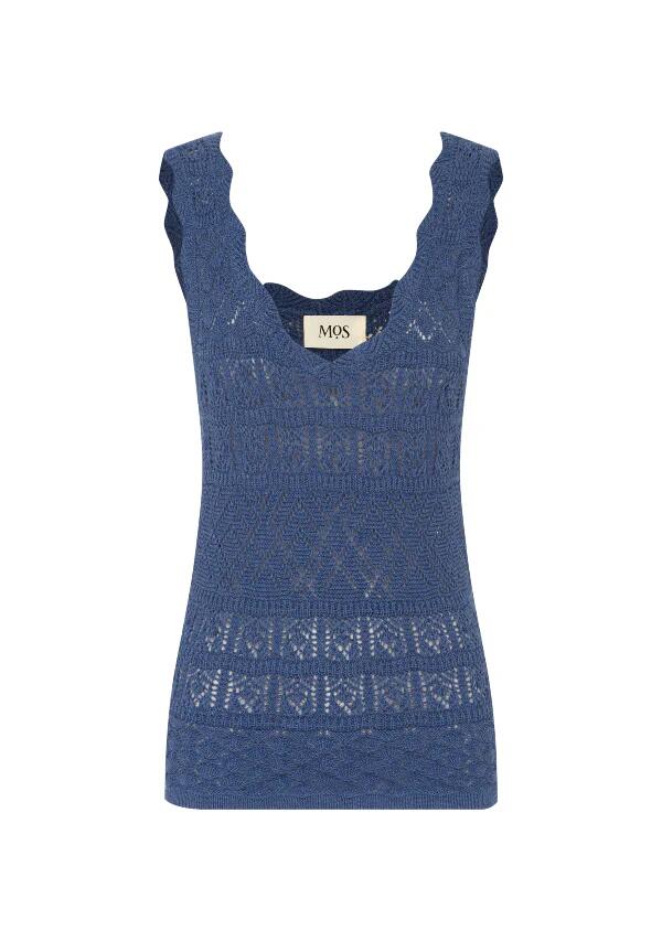 Image of a model wearing Tops. Productname: Bruna Pointelle Top in Harbour Blue colour by brand - MOS The Label
