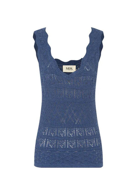 Image of a model wearing Tops. Productname: Bruna Pointelle Top in Harbour Blue colour by brand - MOS The Label