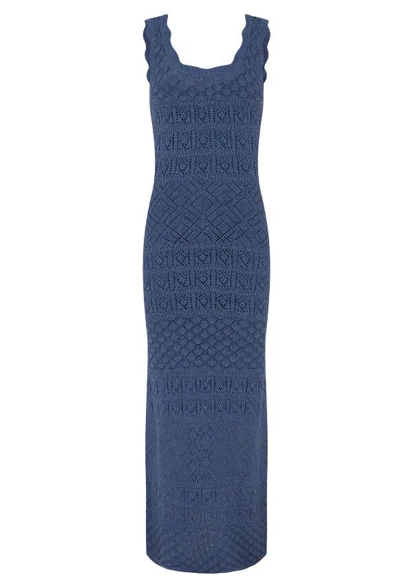 Image of a model wearing Dress. Productname: Bruna Pointelle Midi Dress in Harbour Blue colour by brand - MOS The Label