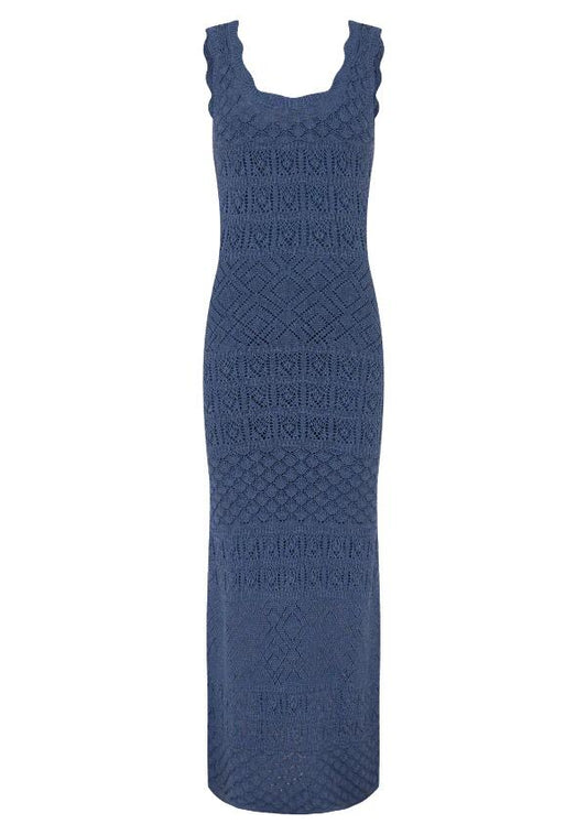 Image of a model wearing Dress. Productname: Bruna Pointelle Midi Dress in Harbour Blue colour by brand - MOS The Label