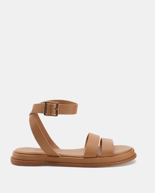 Image of Sandals. Product name - Tahj Women's Strappy Flat CAMEL Novo Sandals in Camel colour by brand - NOVO