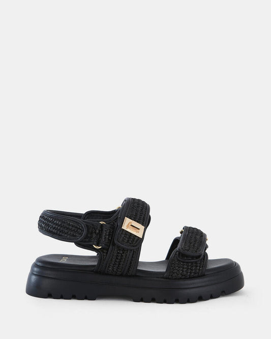 Image of Sandals. Product name - Tobias Women's Strappy Flat BLACK RAFFIA Novo Sandals in Black Raffia colour by brand - NOVO