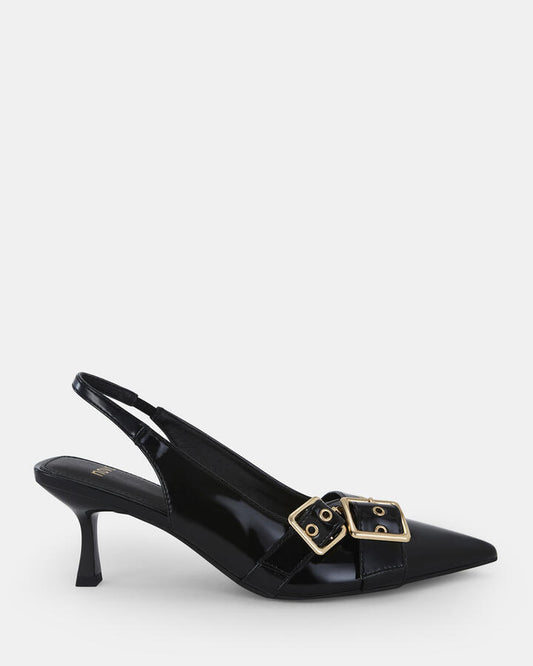 Image of Shoes. Product name - Irabella Women's Court Low Heel Black Patent Novo Court in Black Patent colour by brand - NOVO