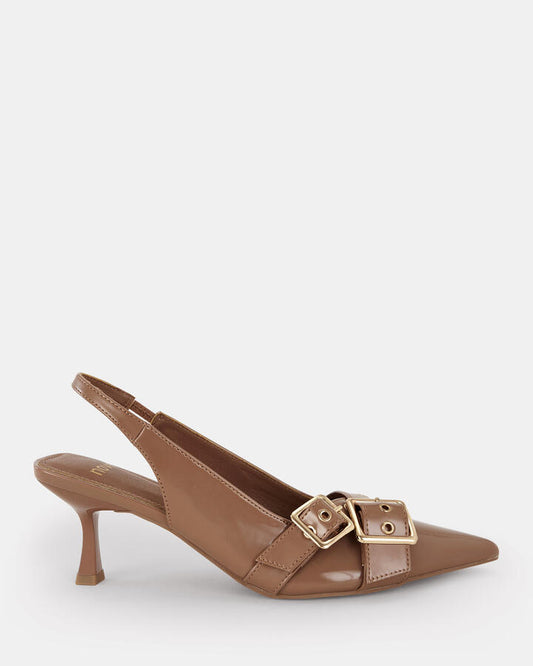 Image of Shoes. Product name - Irabella Women's Court Low Heel TOFFEE PATENT Novo Court in Toffee Patent colour by brand - NOVO