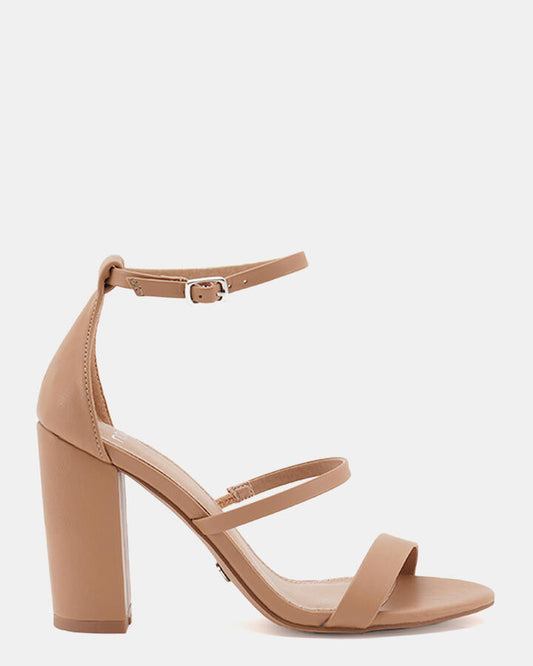 Image of Sandals. Product name - Montague Women's Strappy High Heel CAMEL Novo Sandals in Camel colour by brand - NOVO