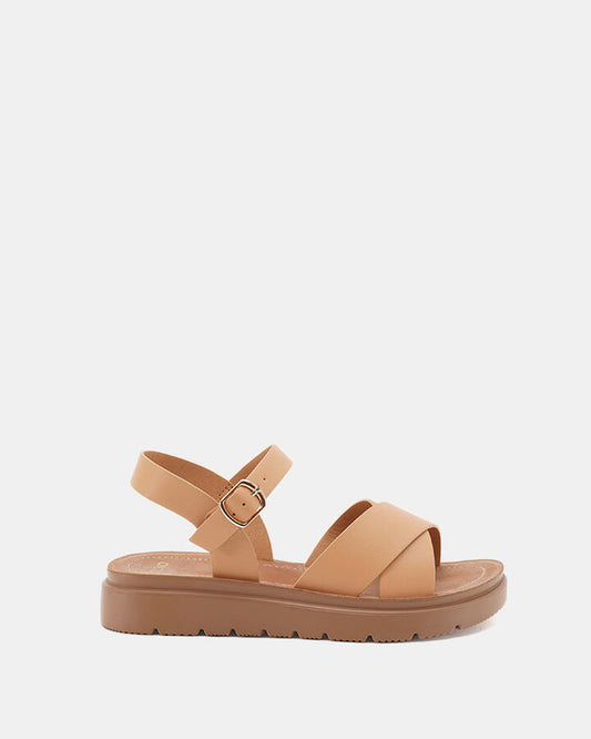 Image of Sandals. Product name - Tremaine Women's Strappy Flat CAMEL Novo Sandals in Camel colour by brand - NOVO