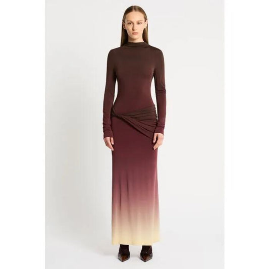 Image of a model wearing Tops. Productname: Life Form Jersey Maxi Dress in OMBRE CHERRY colour by brand - sass and bide