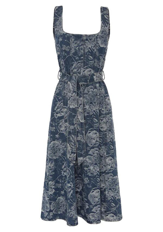 Image of a model wearing Denim. Productname: Tatiana Print Denim Midi Dress in Tatiana Print colour by brand - MOS The Label