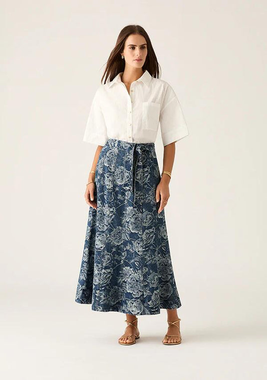 Image of a model wearing Denim. Productname: Tatiana Print Denim Maxi Skirt in Tatiana Print colour by brand - MOS The Label