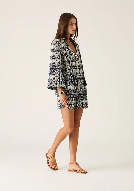 Image of a model wearing Shorts. Productname: Pedra Embroidery Shorts in Navy colour by brand - MOS The Label