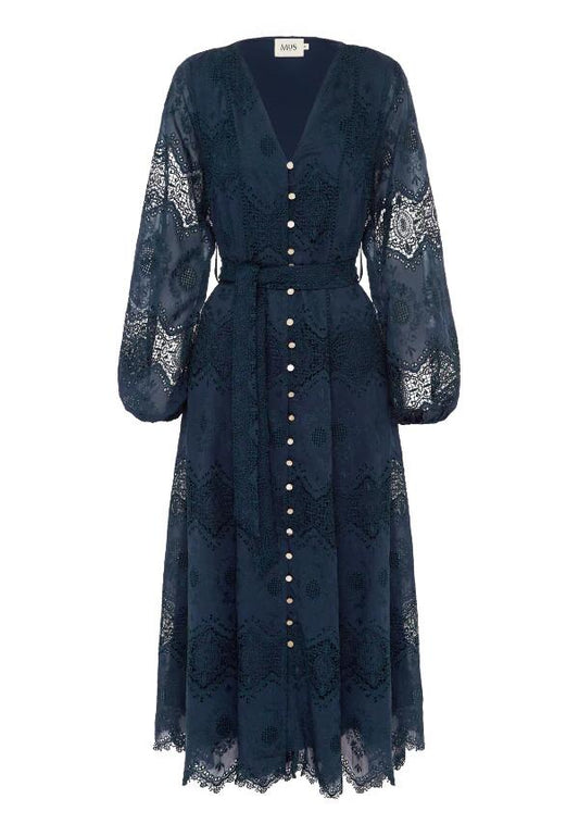 Image of a model wearing Dress. Productname: Mariana Embroidery Maxi Dress in Navy colour by brand - MOS The Label
