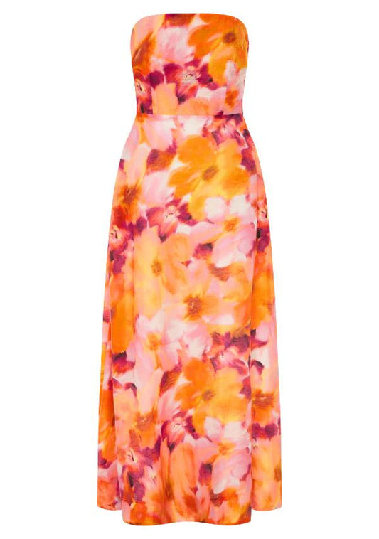 Image of a model wearing Dress. Productname: Rafaela Strapless Dress in Rafaela Print colour by brand - MOS The Label