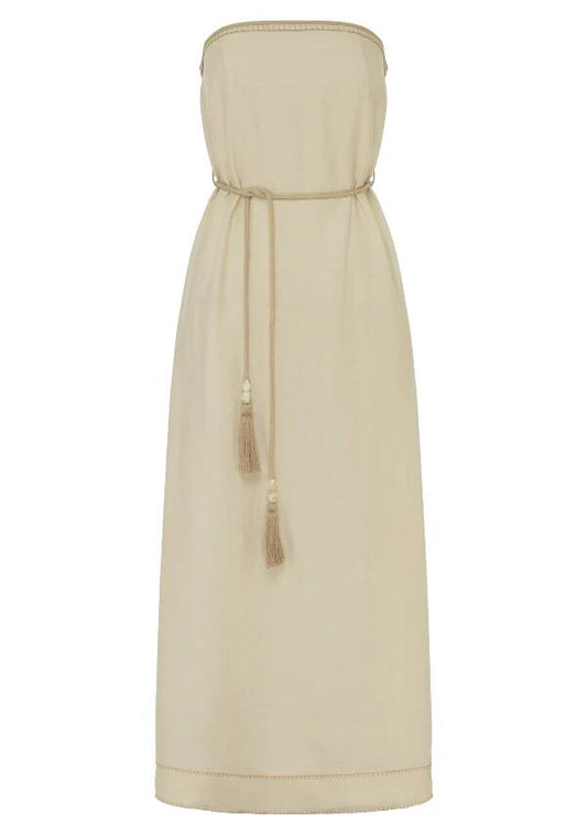 Image of a model wearing Dress. Productname: Gabriela Strapless Dress in Cream colour by brand - MOS The Label