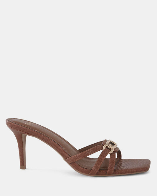 Image of Sandals. Product name - Ursino Women's Strappy Low Heel CARAMEL LIZARD Novo Sandals in Caramel Lizard colour by brand - NOVO